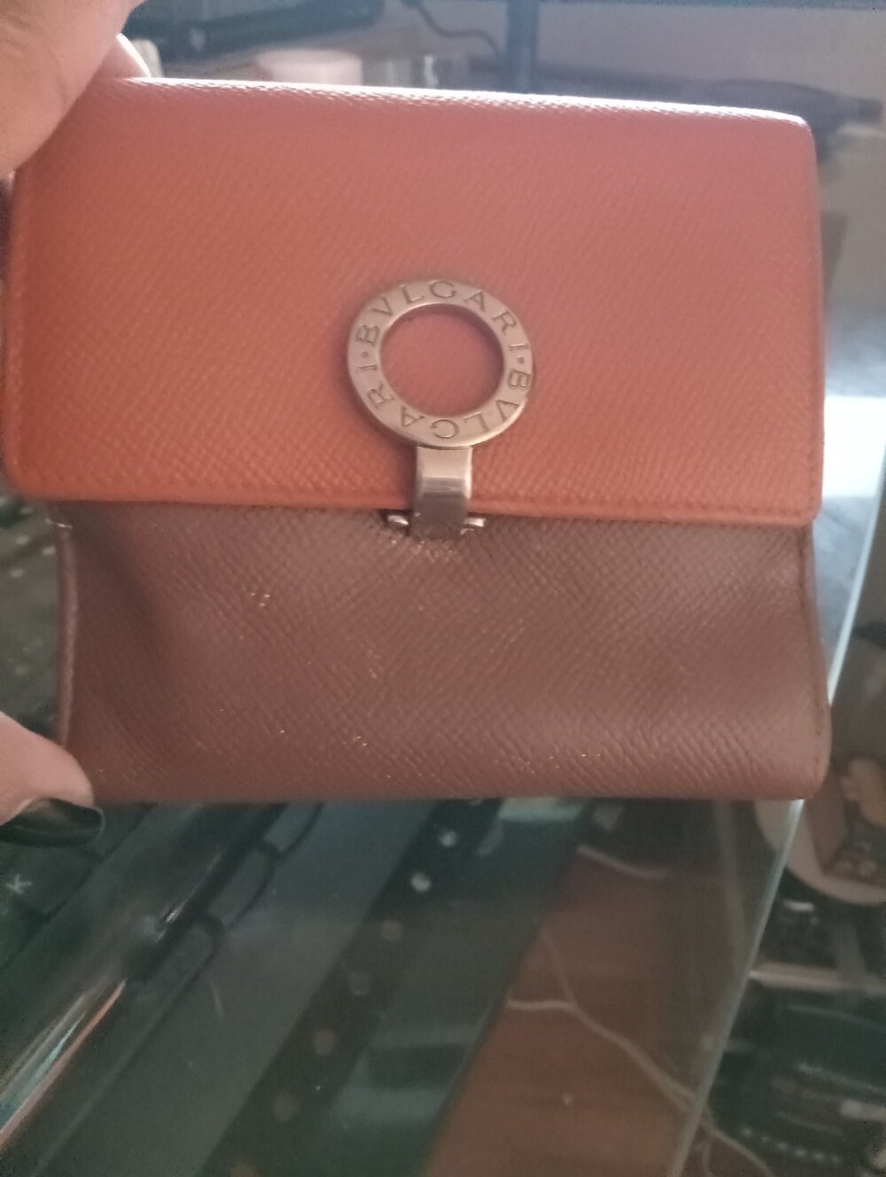 Bvlgari Two-Tone Orange and Brown Leather Fold Wallet with Signature Ring GUC